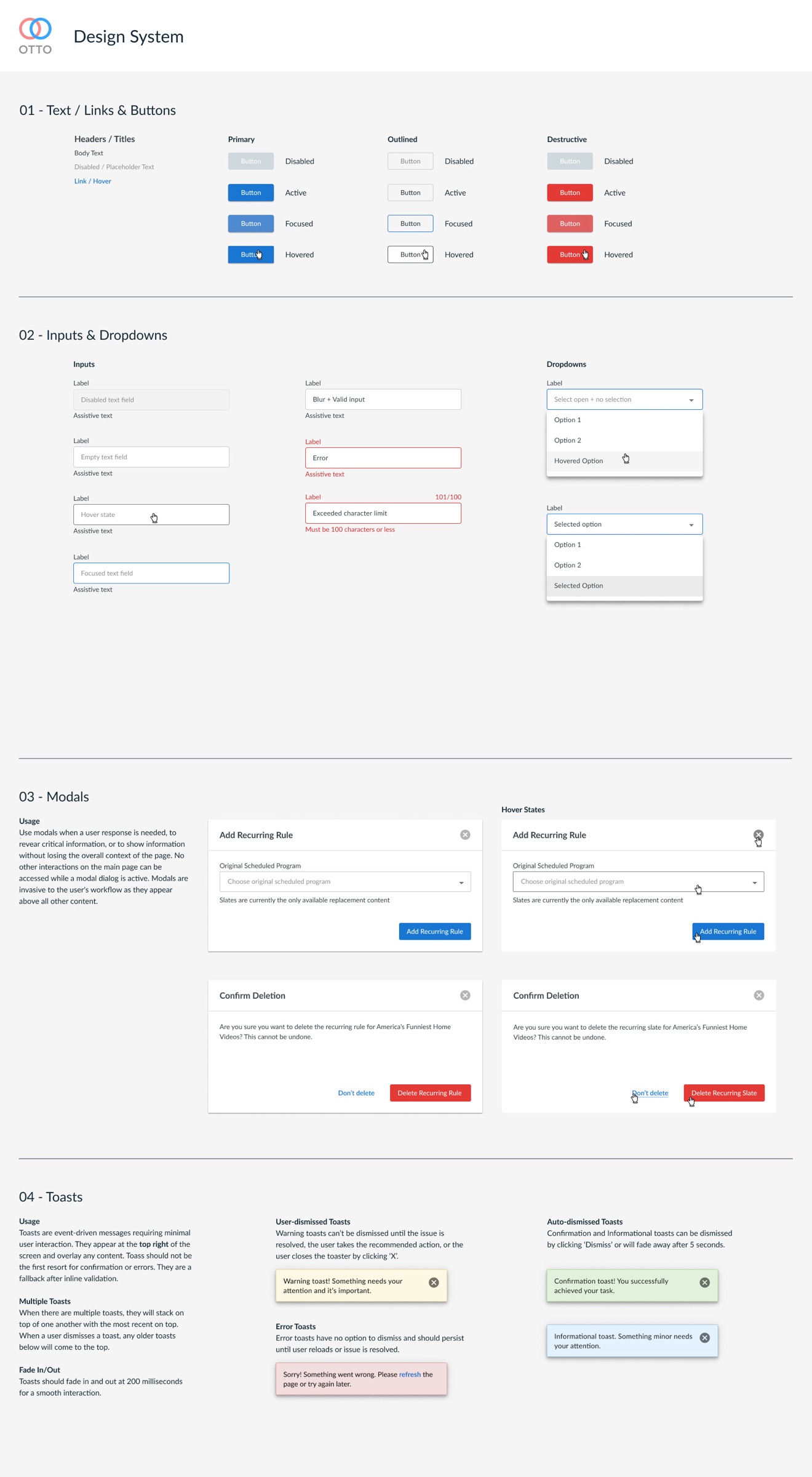 The OTTO design system: button, input, dropdown, modal, and toast components documented with their states and usage guidance.