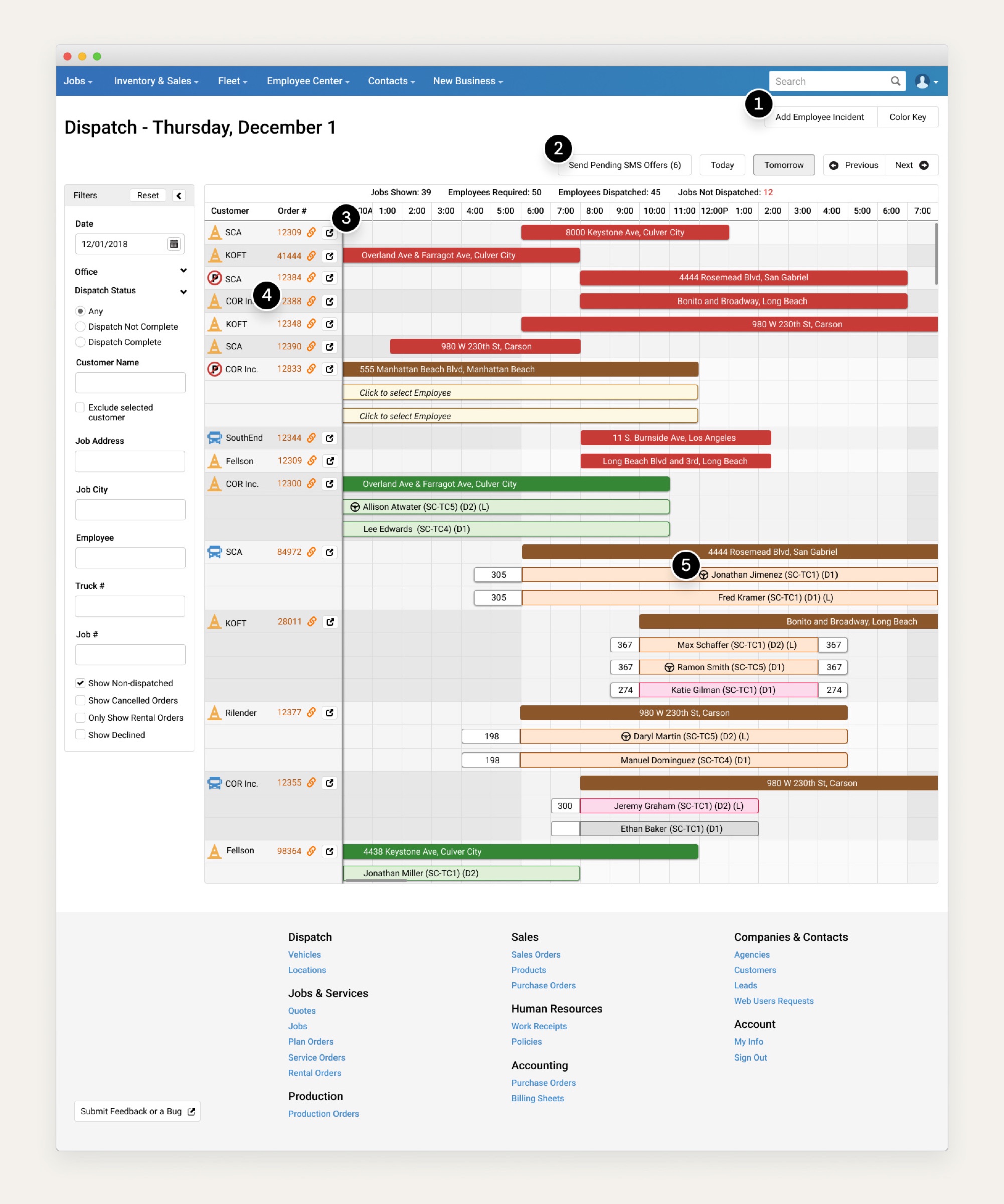 The redesigned dispatch dashboard: a daily schedule grid of jobs and traffic controllers, with five callouts marking new features.