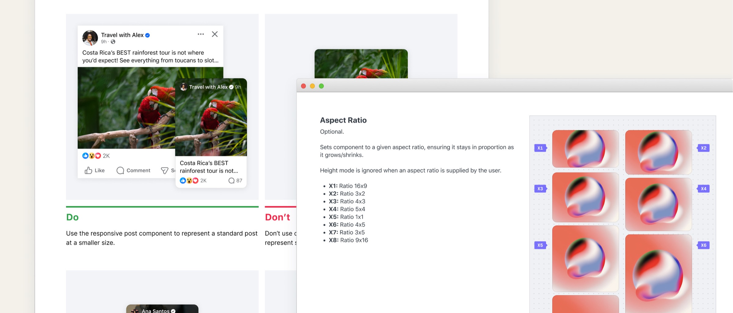Component documentation showing usage do's and don'ts alongside a structured aspect-ratio property spec with defined ratio options.
