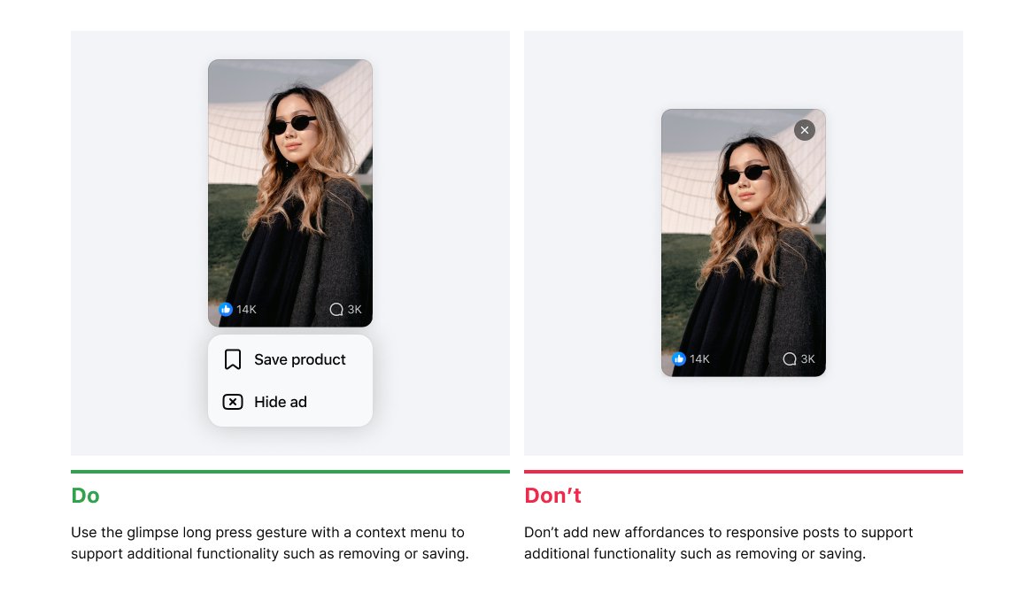 A section of component documentation showing do and don't guidance for a post component, with example images and usage rules.