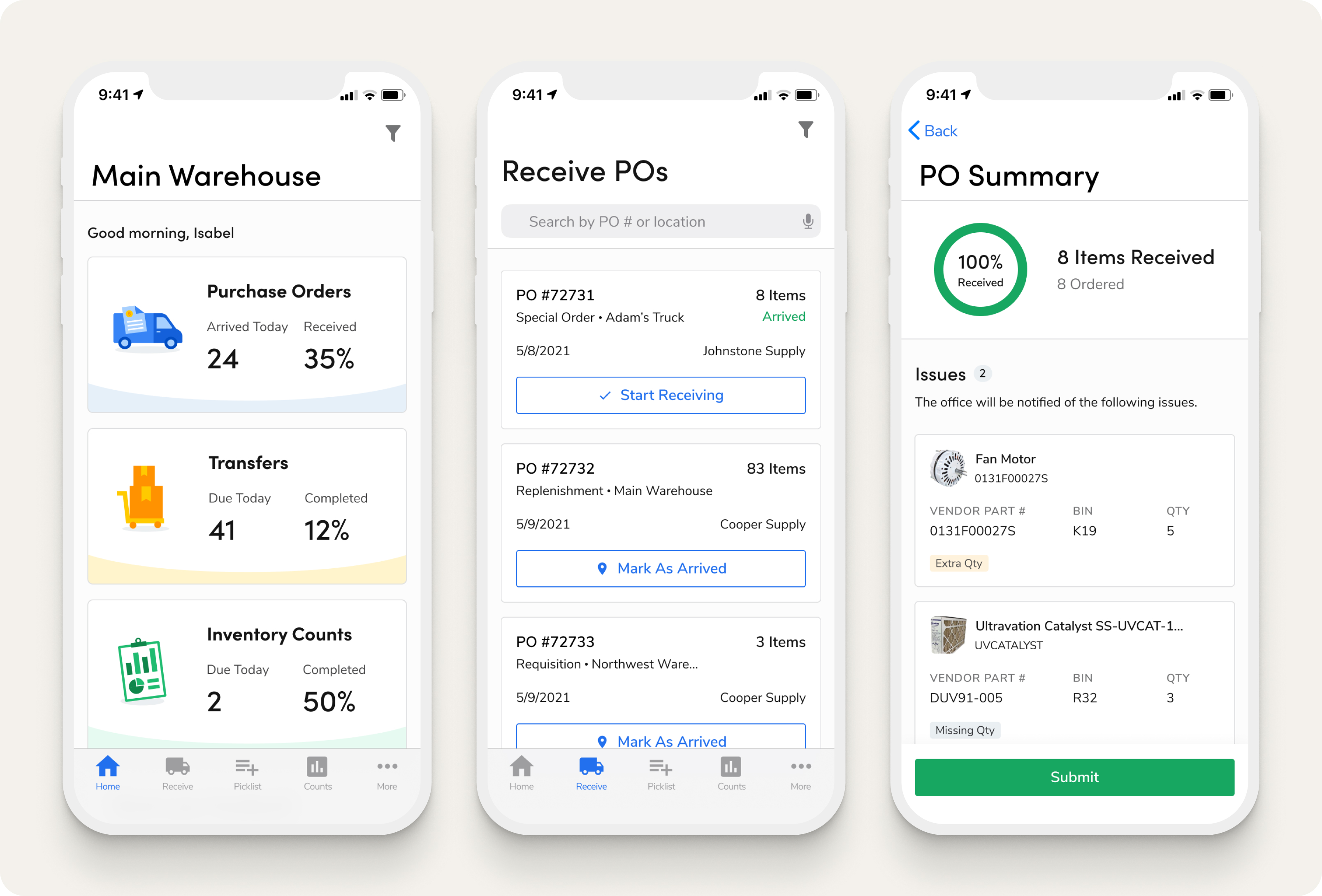 The ServiceTitan mobile inventory app: warehouse dashboard, receiving purchase orders, and PO summary screens.