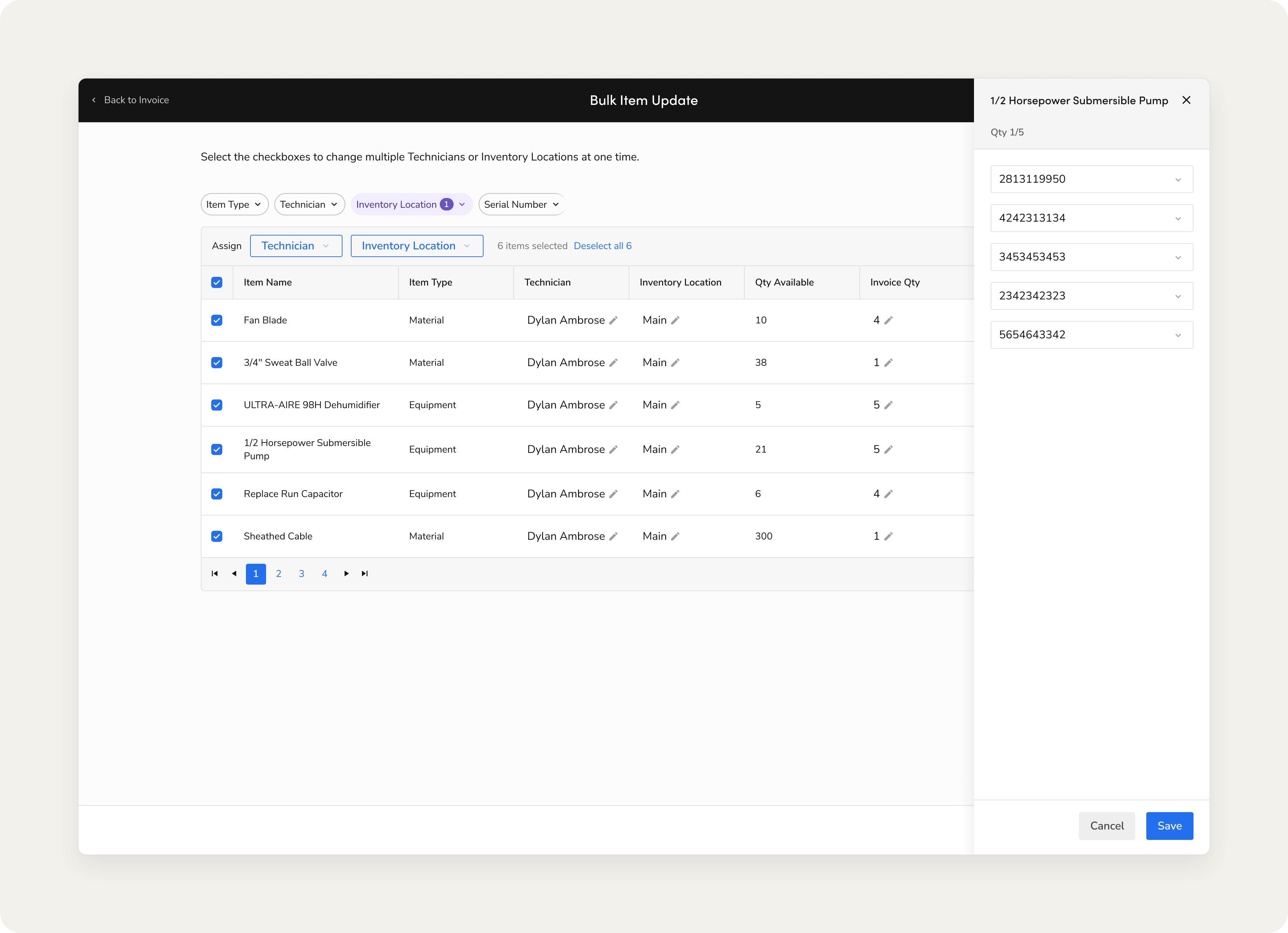 The Bulk Item Update screen: a multi-select item table with batch technician and location assignment and a quantity side panel.
