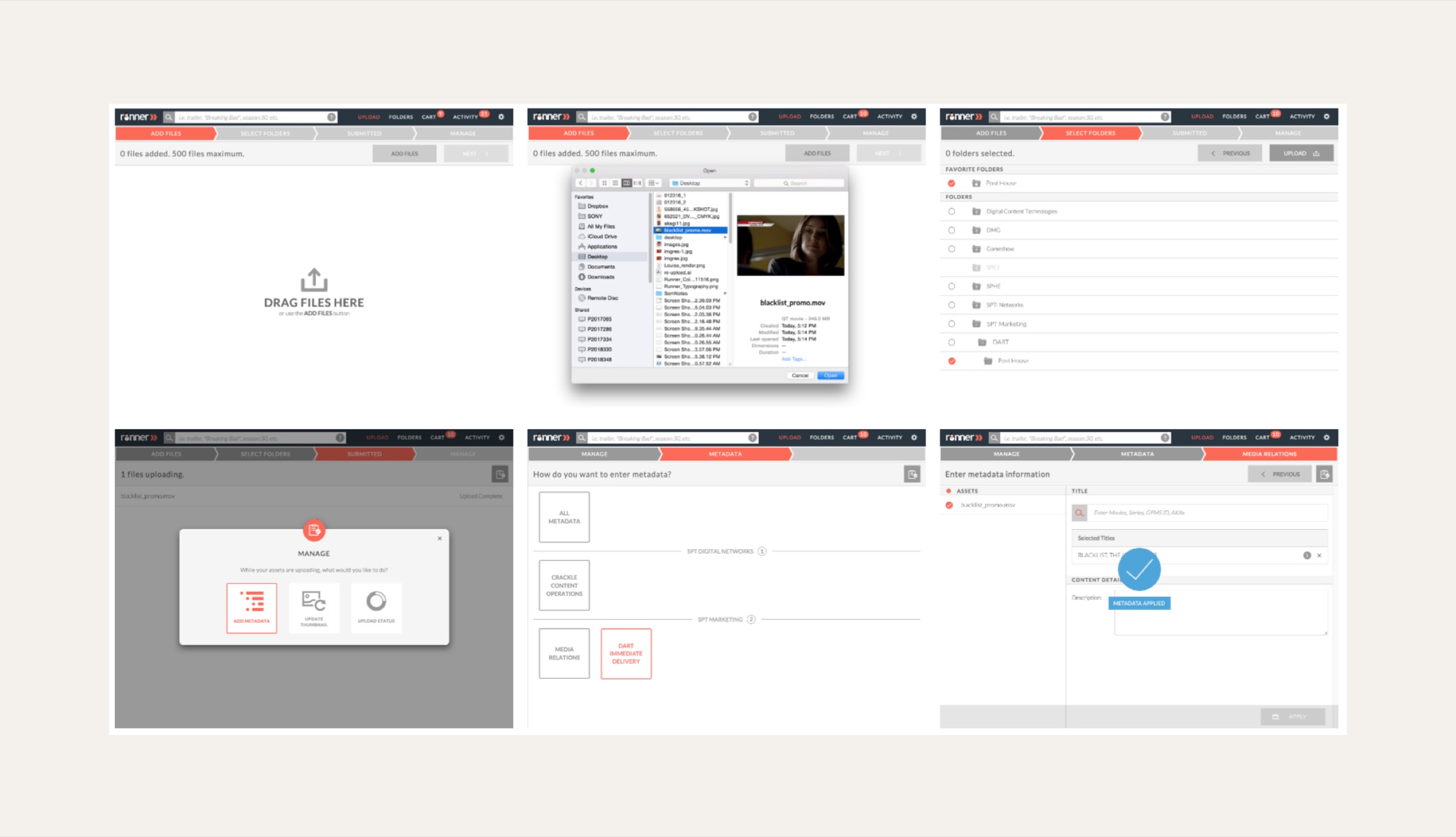 Six final Runner screens showing the Request Files flow: drag-to-upload, file selection, folder selection, an upload manage modal, metadata-type selection, and the metadata entry form with confirmation.